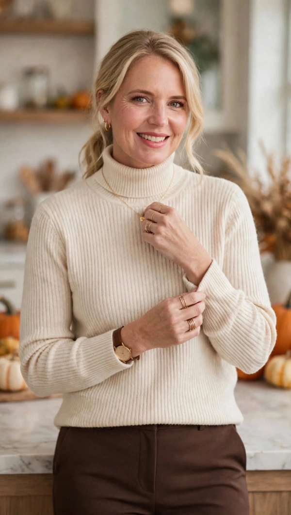 Woman over 40 in cream turtleneck showing small gold hoops thin gold chain pendant watch and stacking rings in Thanksgiving kitchen