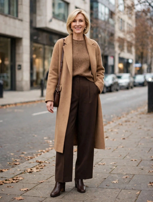 Woman with blonde bob wearing camel coat, mocha sweater, dark brown wide-leg trousers, and brown boots on sidewalk