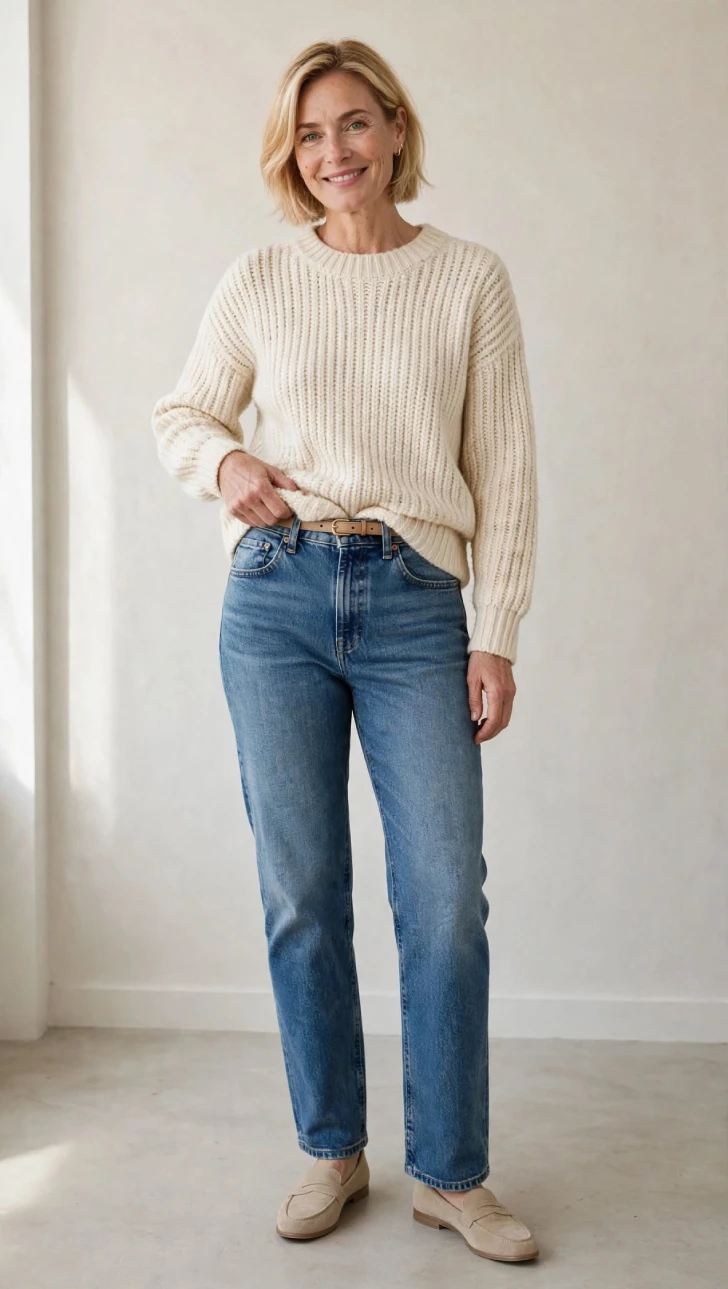 Woman with short blonde bob wearing medium-wash high-rise straight jeans and chunky cream sweater with small front tuck and tan belt showing tuck technique