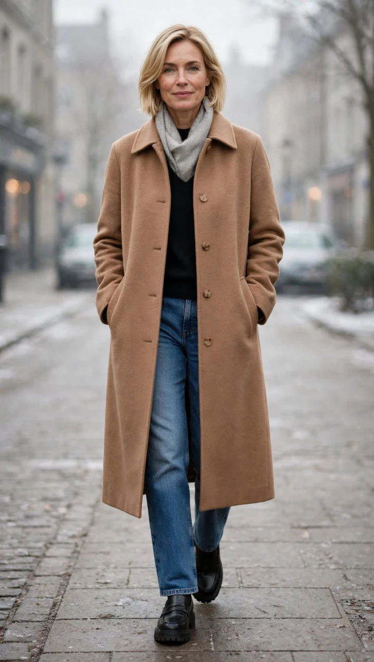 Woman with short blonde bob wearing straight jeans, black cashmere crewneck, long camel wool coat to mid-calf, gray scarf and black lug-sole loafers on cold winter street