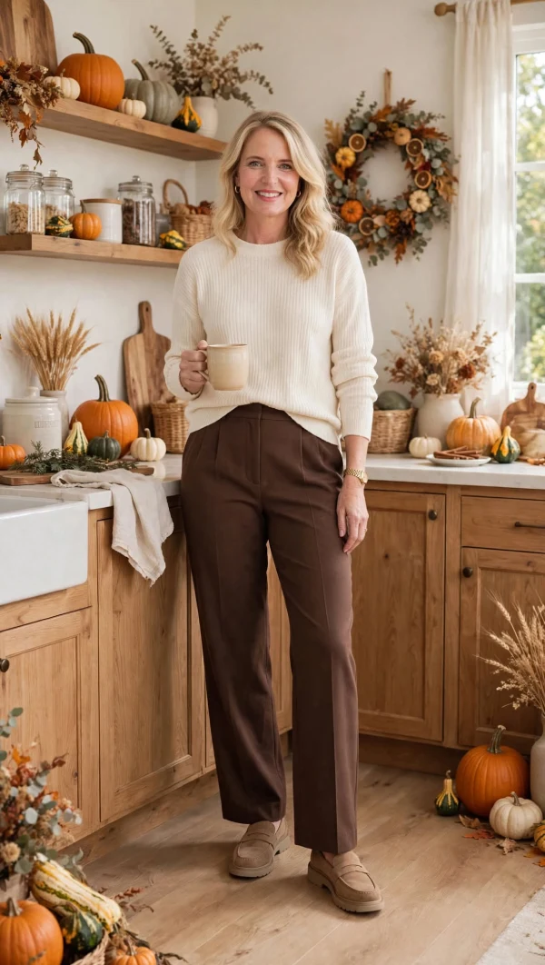  Woman over 40 in cream knit and chocolate wide-leg trousers wearing tan cushioned loafers holding mug in Thanksgiving kitchen with pumpkins