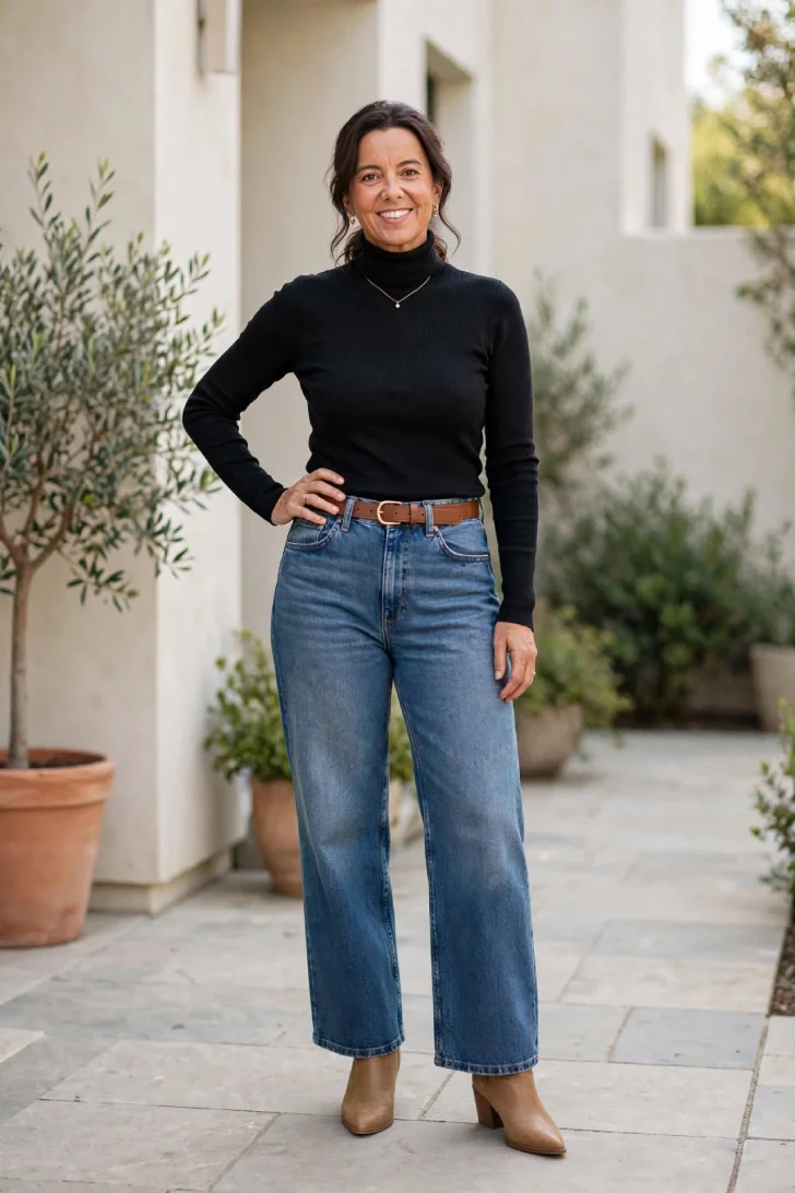 Woman over 40 wearing black fitted turtleneck tucked into high-rise wide-leg jeans with brown belt and tan ankle boots