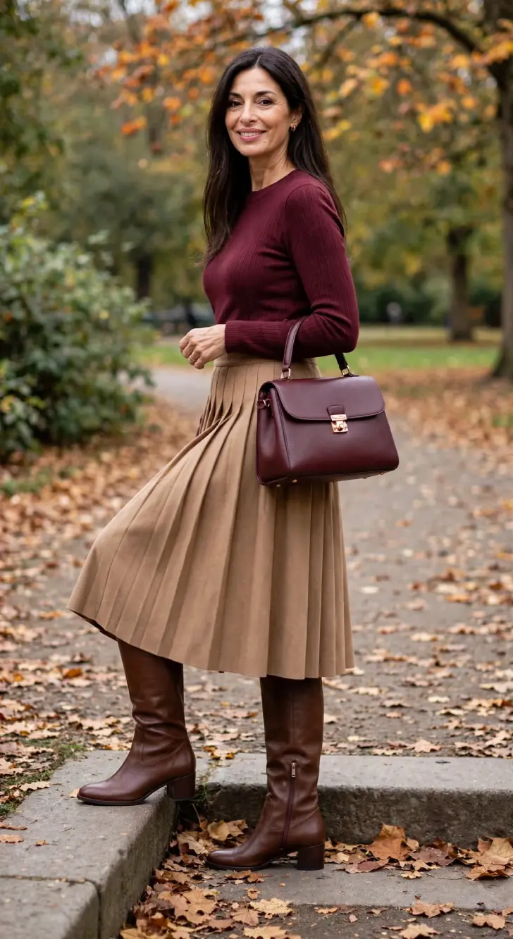 Woman over 40 wearing burgundy knit top, camel pleated midi skirt, tobacco brown knee-high boots with low block heel and side zip, holding burgundy structured bag in fall park