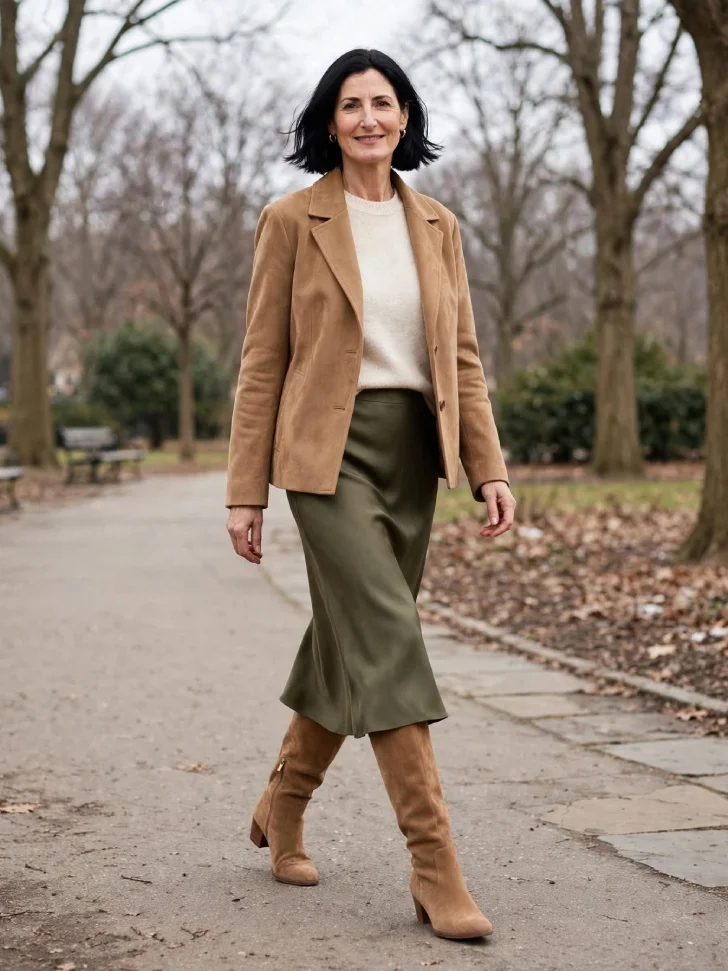 Woman in her 40s with dark bob walking on park path wearing camel suede knee-high boots with low block heel, olive midi skirt, cream knit and camel jacket