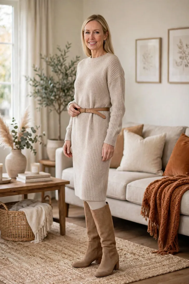  Woman over 40 with straight blonde hair wearing oatmeal ribbed sweater dress, tan loose belt and tall suede boots in cozy living room