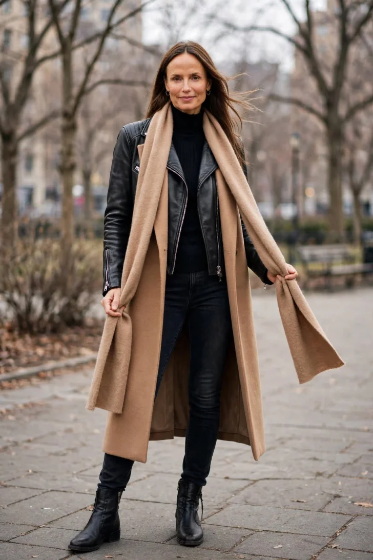 Woman over 40 wearing black moto leather jacket over black turtleneck with long camel wool scarf and camel longline coat, dark jeans and black boots in winter park