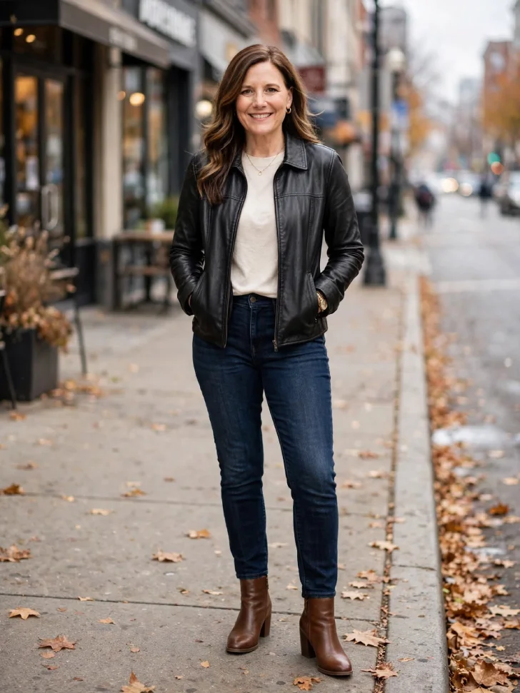  Woman in black leather jacket, cream tee, dark straight jeans and brown block-heel ankle boots standing on a crisp October sidewalk