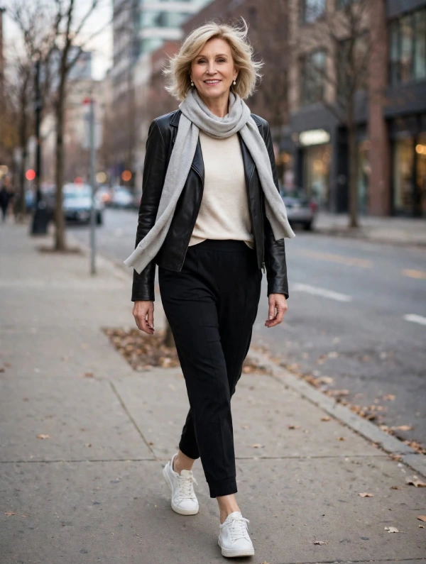  Woman with blonde bob wearing black leather jacket, light grey scarf, cream knit, black pull-on ankle pants, and white sneakers on sidewalk