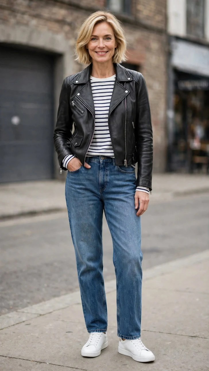 Woman with short blonde bob wearing relaxed straight jeans, white and navy striped tee, black cropped biker jacket and white sneakers on urban street