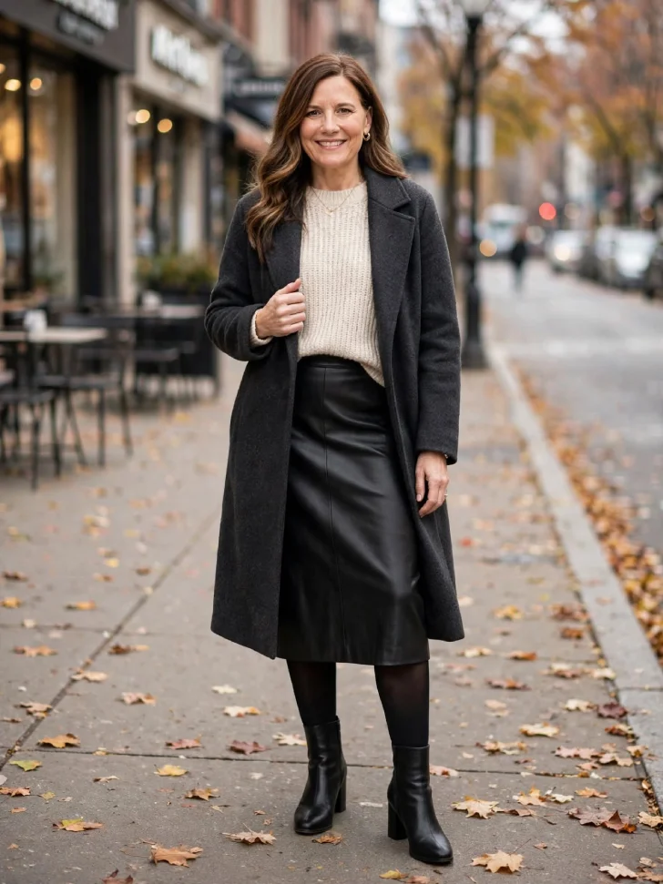  Woman in charcoal wool coat, oatmeal chunky knit sweater front tucked, black leather midi skirt, black tights and ankle boots on autumn sidewalk