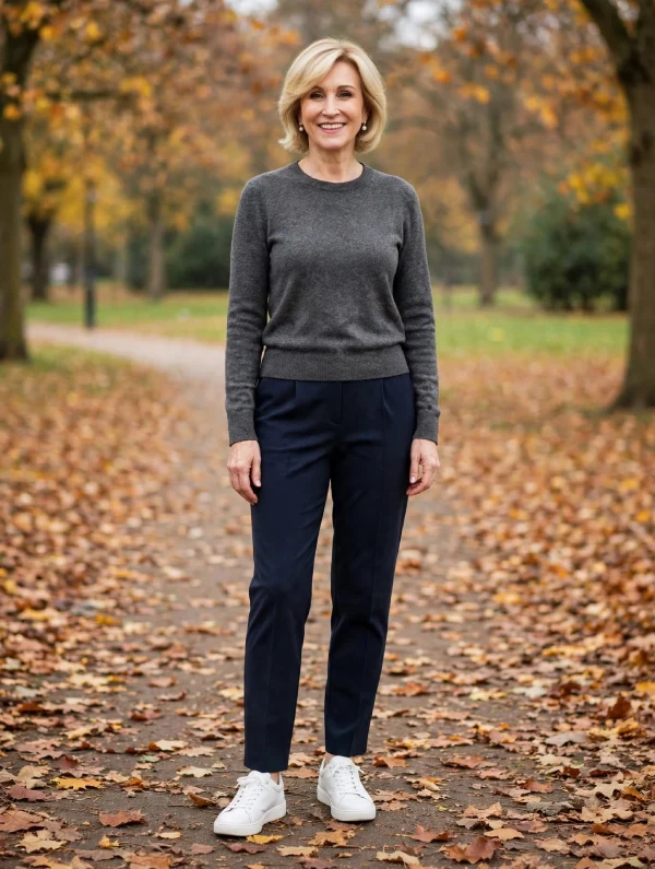 Woman with blonde bob wearing grey fine knit, navy tapered trousers, and white leather sneakers on autumn park path