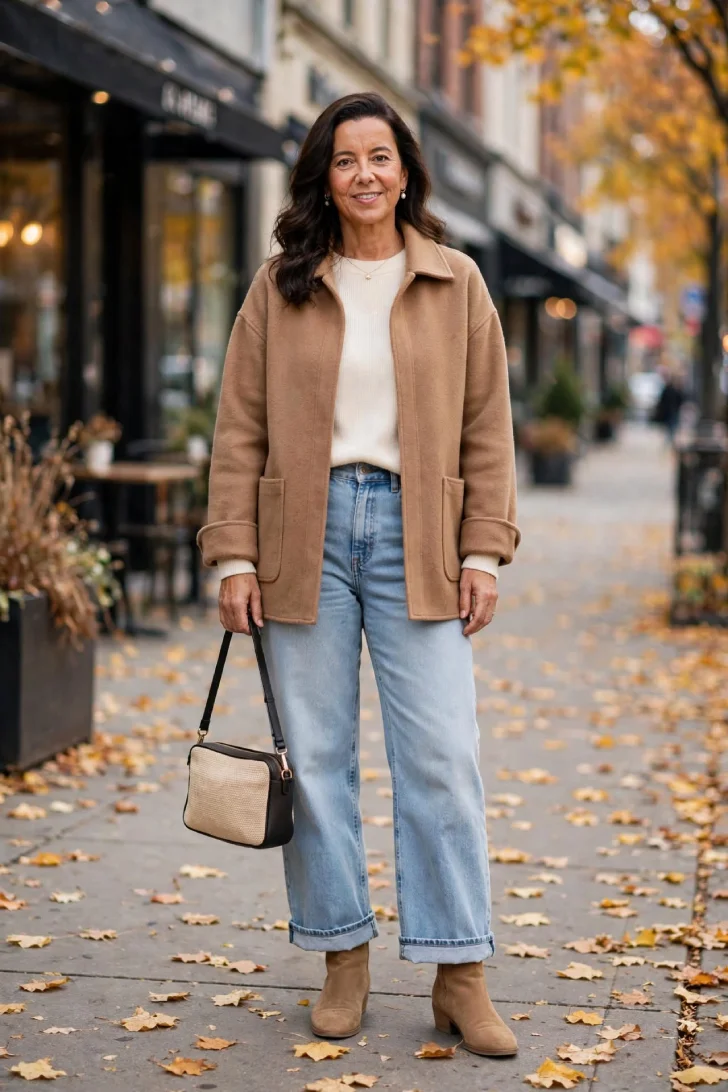 Woman over 40 wearing light wash wide-leg jeans, cream sweater, camel shacket and tan ankle boots holding a bag on fall sidewalk