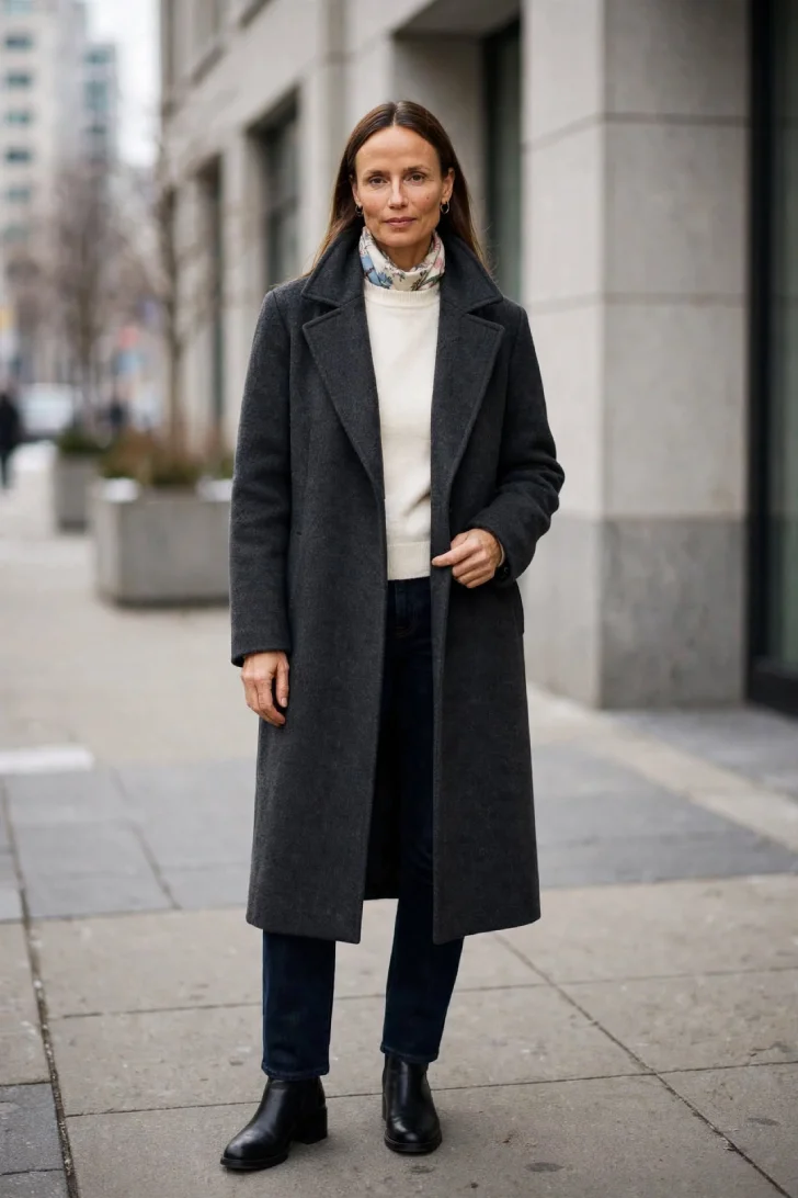 Woman over 40 wearing charcoal long wool coat with lightweight floral silk scarf tucked inside collar, cream fitted sweater and dark straight jeans with black boots