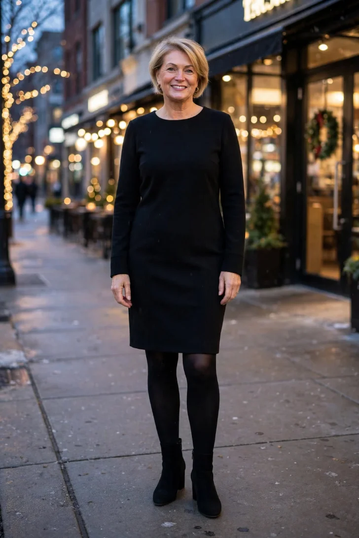 Woman over 40 wearing black long-sleeve knee-length dress with black opaque tights and black suede block-heel ankle boots on festive winter sidewalk