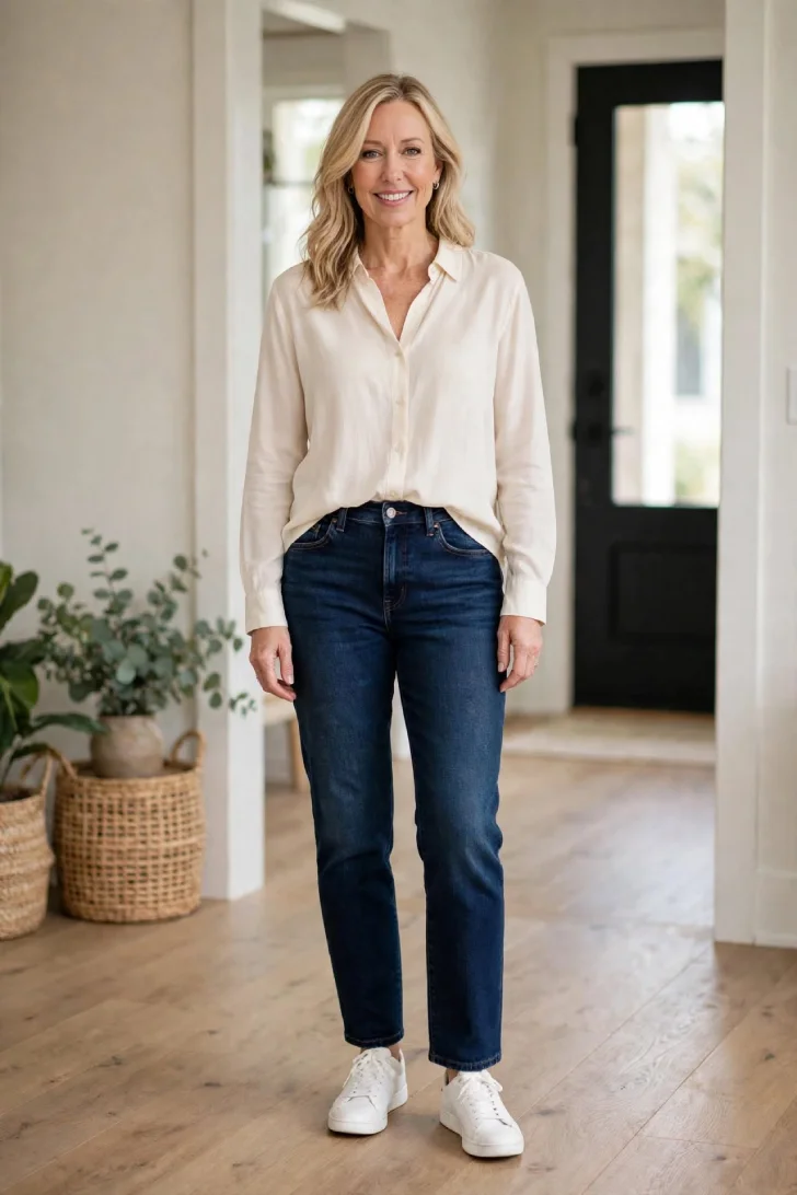 Woman over 40 with loose blonde waves wearing cream blouse, dark jeans and white sneakers in bright entryway showing comfortable footwear