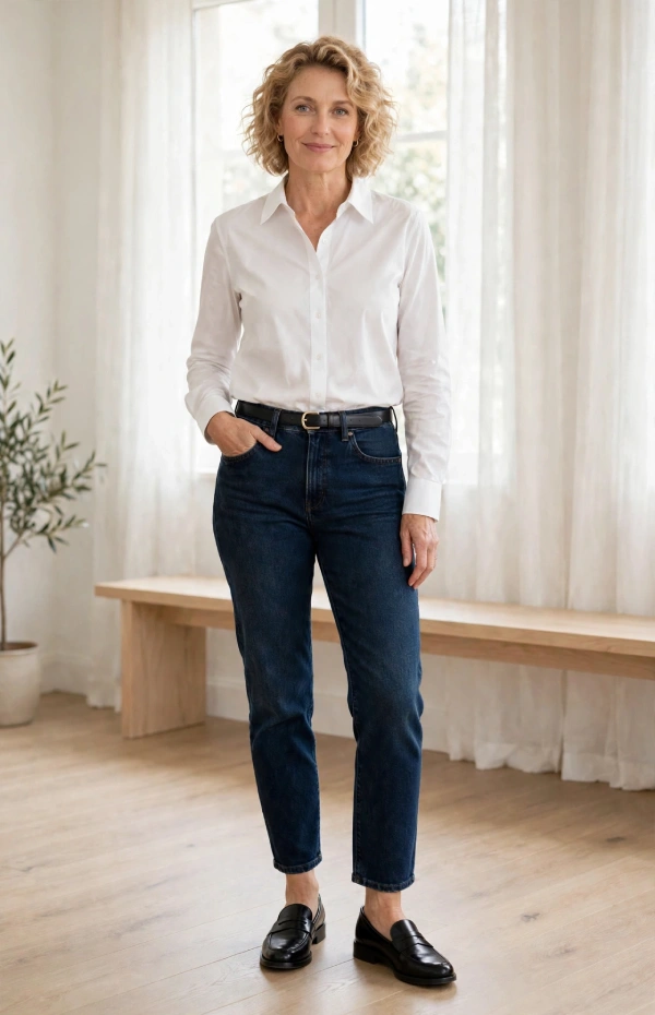 Woman with curly blonde bob wearing white button-down shirt, dark straight jeans and black penny loafers that fit snugly without gapping