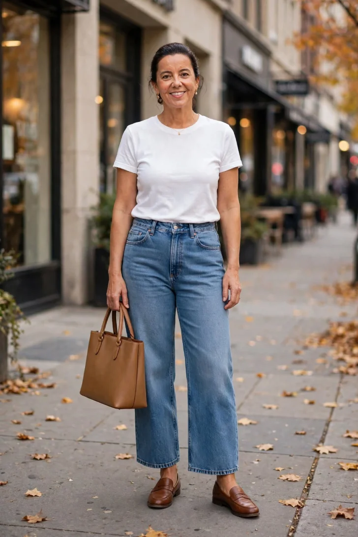 Woman over 40 wearing ankle-length wide-leg jeans, white tee, brown loafers and tan tote bag on fall sidewalk