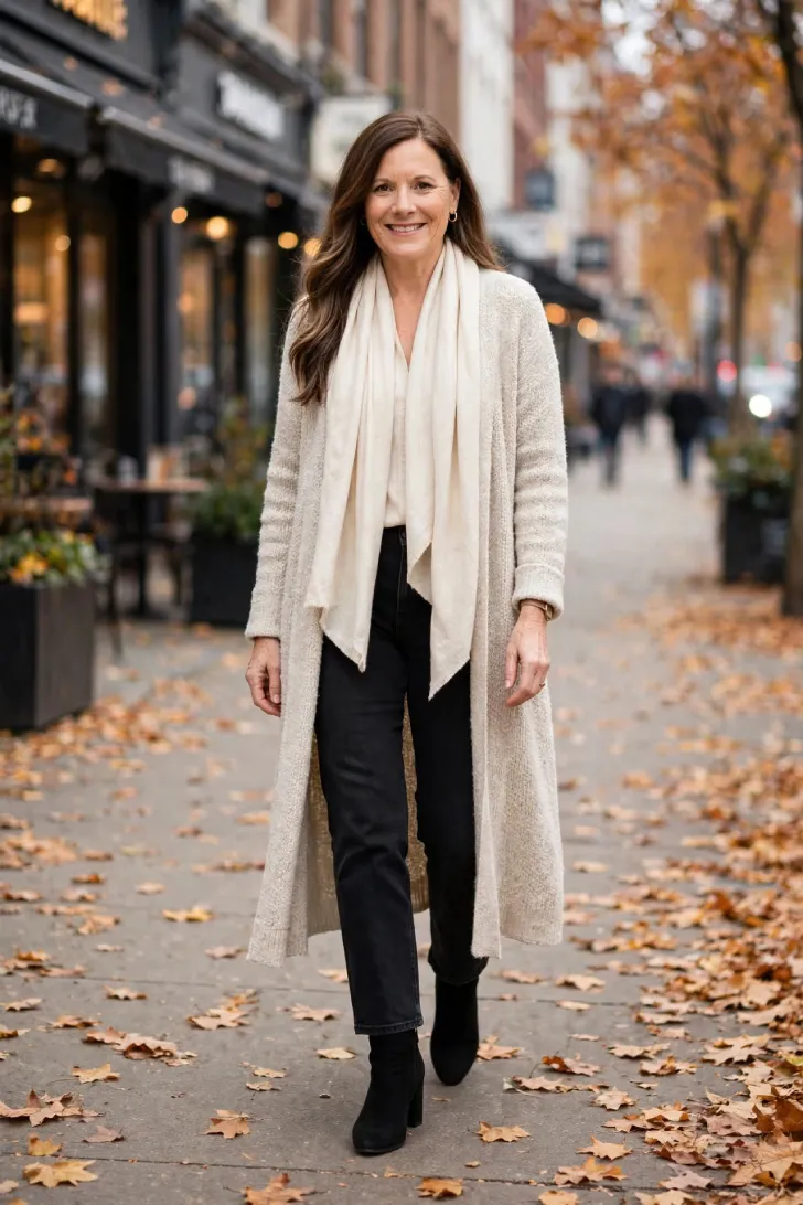  Woman with long wavy brown hair wearing long oatmeal cardigan coat, cream scarf, black jeans and black block heel booties walking on leafy sidewalk