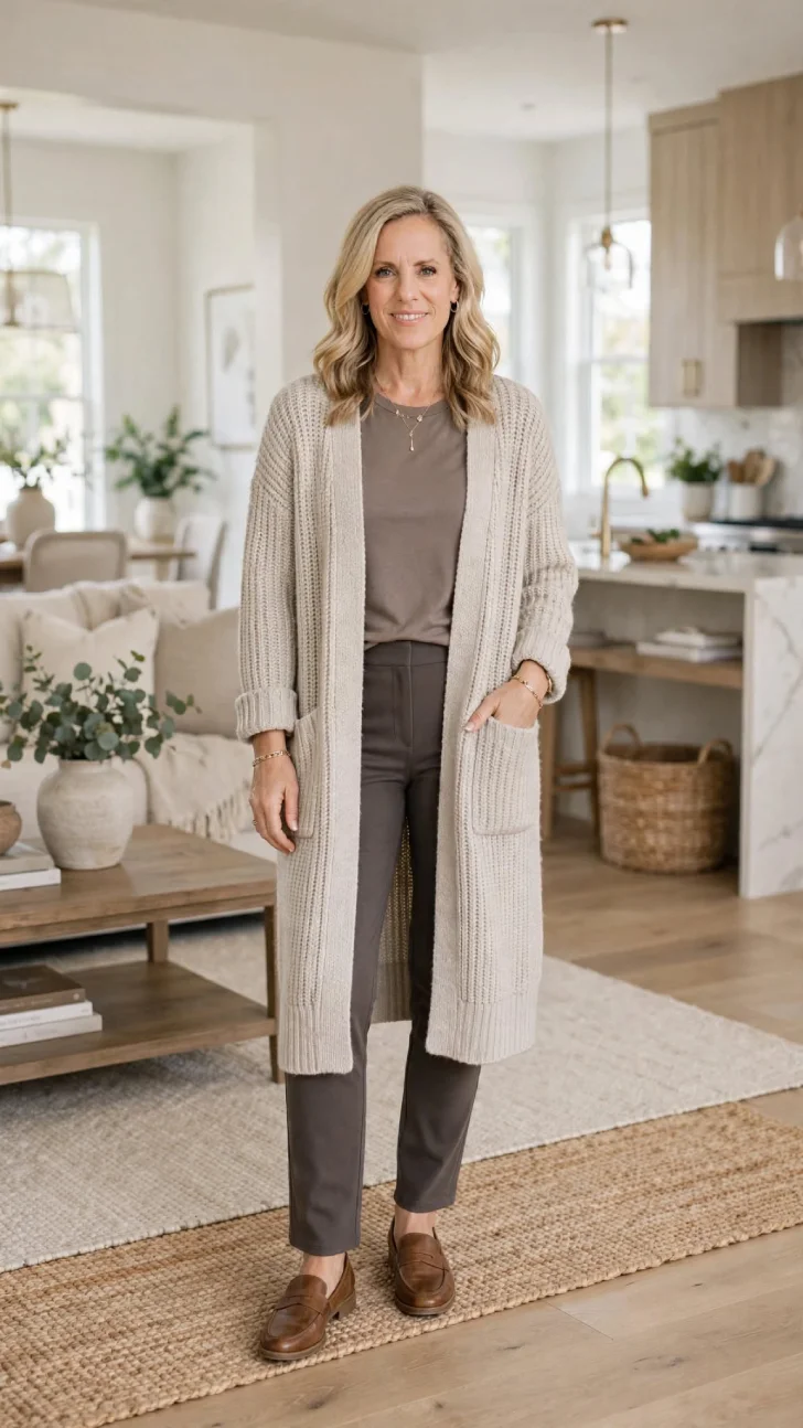  Woman over 40 with blonde wavy hair wearing oatmeal long cardigan coat, taupe fitted tee, dark straight leg pants and brown loafers in bright open living room.
