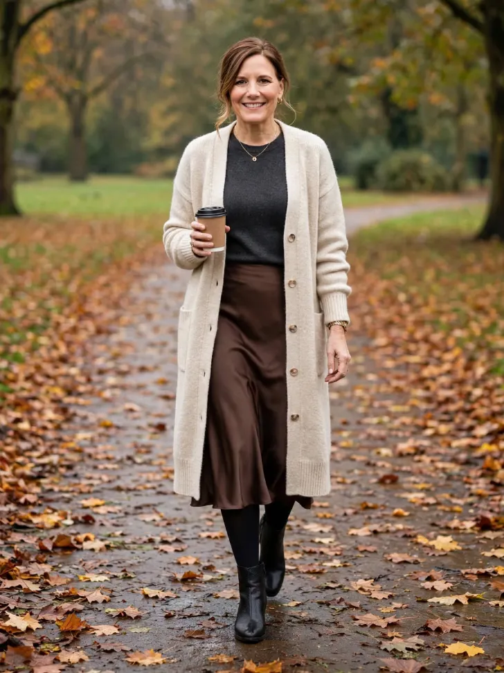  Woman walking on a leafy park path in oatmeal long cardigan coat, charcoal sweater, chocolate satin slip skirt, black tights and ankle boots holding a coffee cup