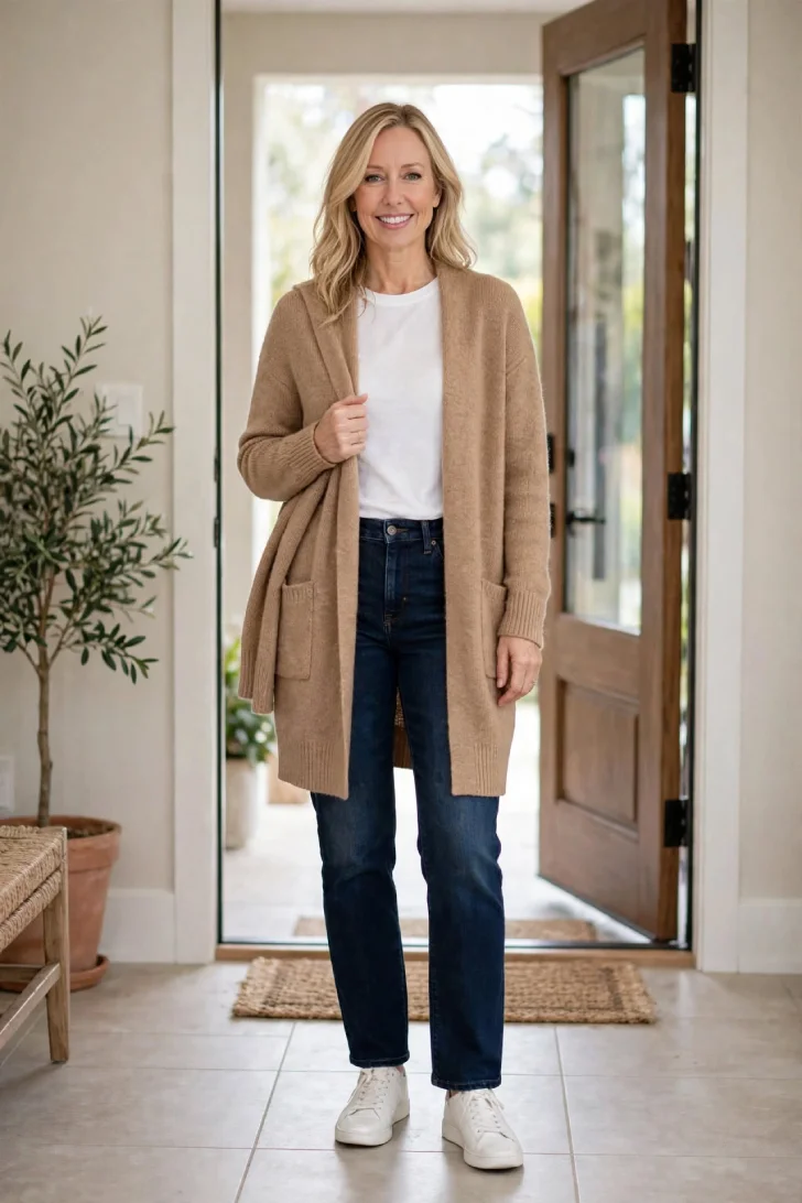 Woman over 40 with blonde loose waves wearing camel mid-thigh cardigan, white tee, dark straight jeans and white sneakers in bright entryway