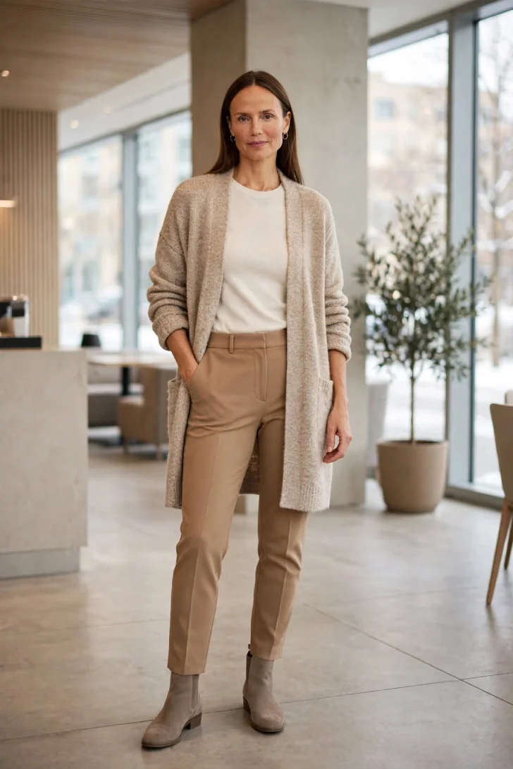 Woman over 40 wearing oat long open cardigan over cream fitted tee with camel slim ankle trousers and taupe suede ankle boots in bright modern lobby