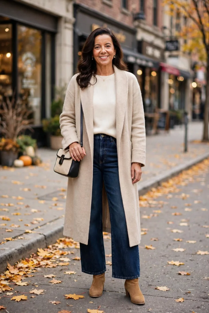 Woman over 40 wearing dark wide-leg jeans, cream sweater, long beige cardigan coat, tan ankle boots and crossbody bag on fall sidewalk