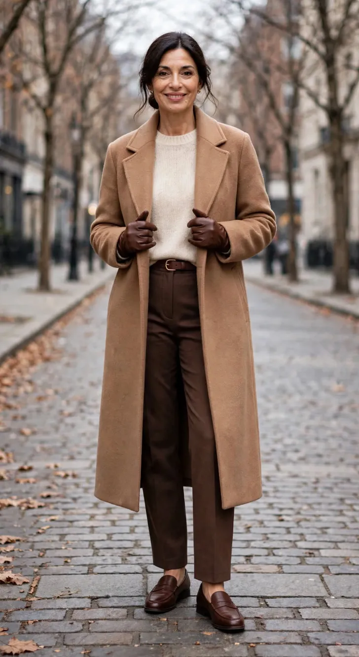 Woman over 40 wearing camel long wool coat with cream sweater, brown trousers and loafers, brown leather gloves, low bun on fall cobblestone street