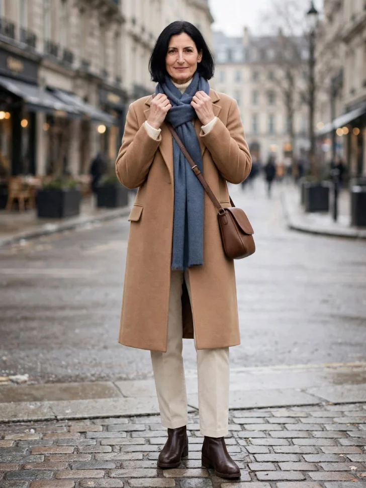 Woman in her 40s with dark bob wearing camel coat, cream trousers, slate blue long wool scarf looped at neck, brown crossbody bag and brown ankle boots on cobblestone street