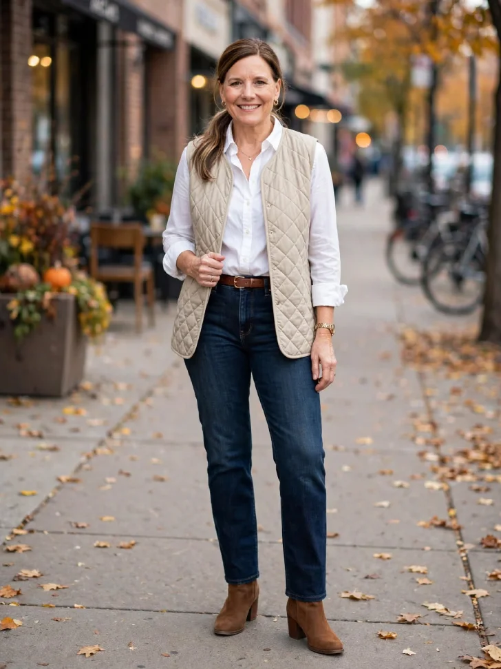 Woman in white button up shirt with rolled cuffs, beige quilted longline vest open to mid-hip, dark straight jeans and brown ankle boots on autumn sidewalk