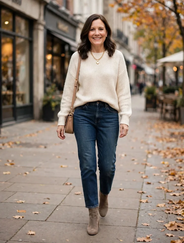 Woman with soft waves walking forward in dark straight jeans, cream sweater and taupe suede low block heel ankle boots on autumn sidewalk
