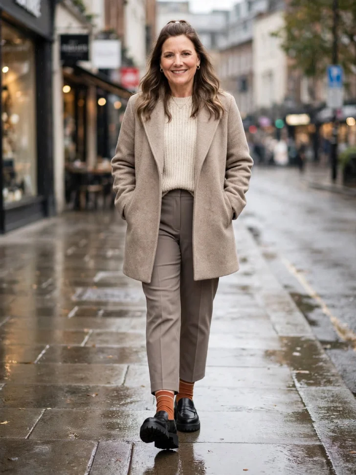 Woman walking on wet city sidewalk in taupe cropped trousers, rust merino socks, black lug sole loafers, oatmeal knit and stone wool coat with half-up wavy hair