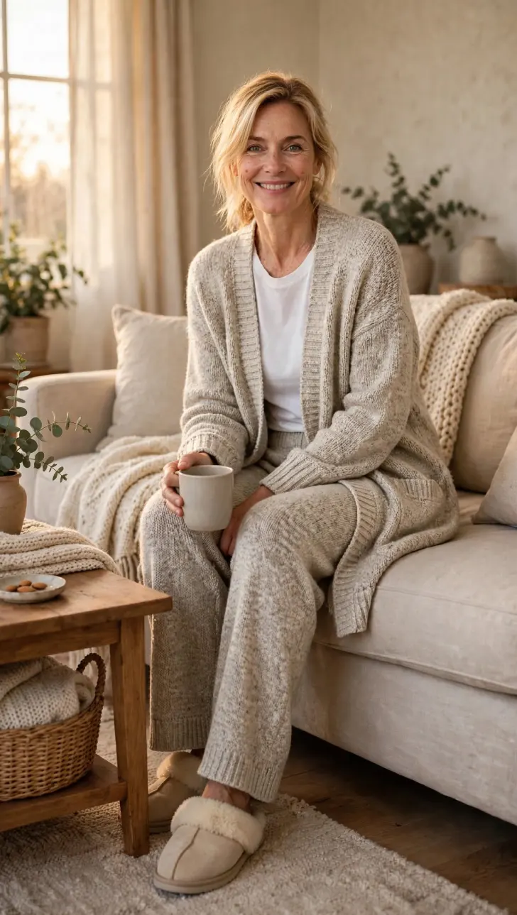 Woman with short blonde bob in low ponytail wearing oatmeal marled knit cardigan and wide-leg pants set with white tee and shearling slippers sitting on sofa with mug