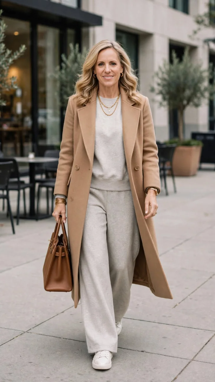 Woman over 40 with blonde wavy hair wearing oatmeal matching lounge set, camel long coat, gold layered necklaces, brown tote and white sneakers walking on sidewalk.