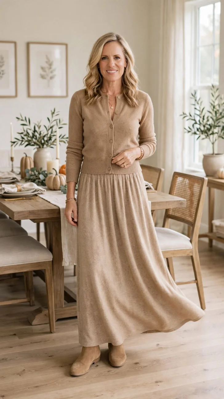 Woman over 40 with blonde wavy hair wearing camel fitted cardigan and oatmeal maxi knit skirt with tan suede boots in decorated dining room.