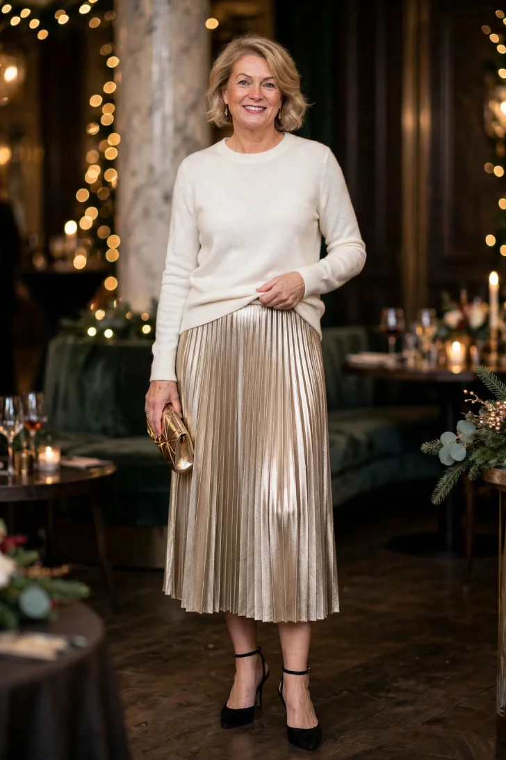 Woman over 40 wearing champagne metallic pleated midi skirt, ivory cashmere crewneck with front tuck, black ankle-strap heels and gold clutch in holiday lounge