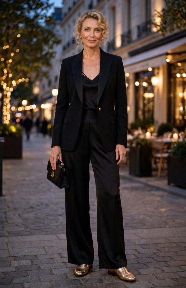 Woman with soft curly updo wearing black tuxedo blazer, silk camisole, black satin wide trousers and metallic gold loafers holding black clutch at night
