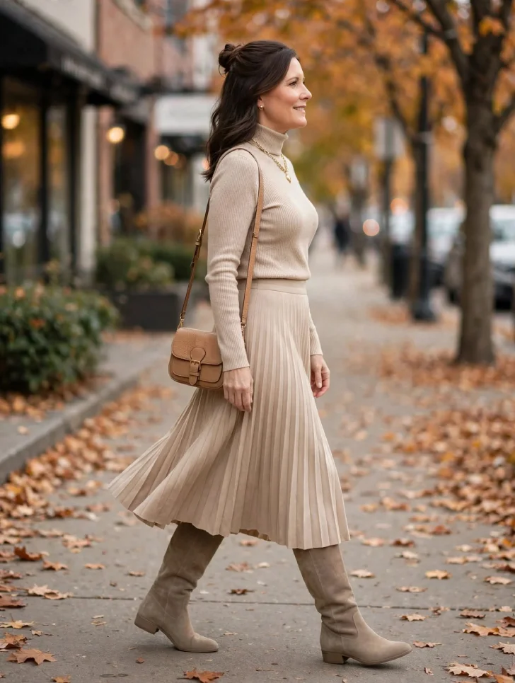 Woman over 40 in beige pleated midi skirt and beige turtleneck walking on autumn sidewalk wearing tall taupe suede boots that meet the hem