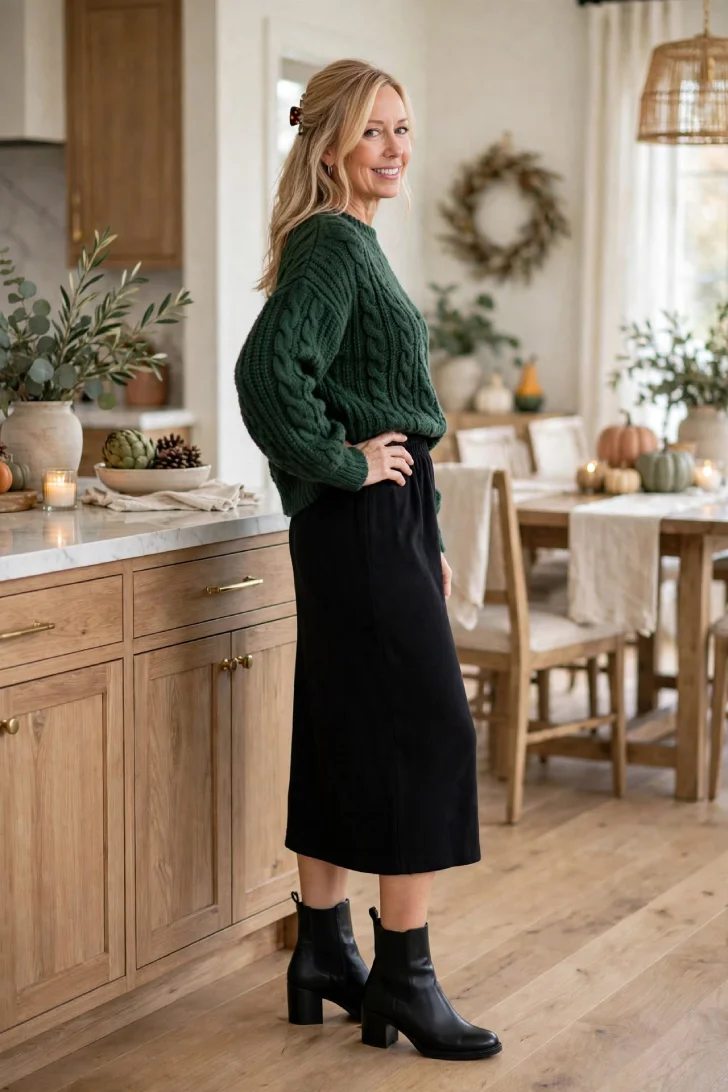 Woman over 40 with half-up blonde hair wearing forest green chunky cable sweater, black midi skirt and black ankle boots in kitchen dining area