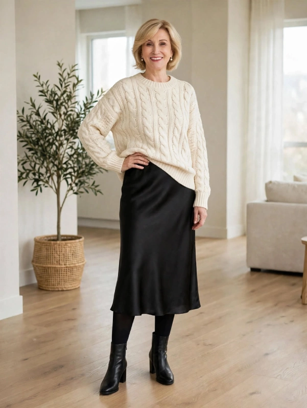 Woman with blonde bob wearing cream chunky cable knit sweater half tucked into black satin midi skirt with black tights and heeled ankle boots