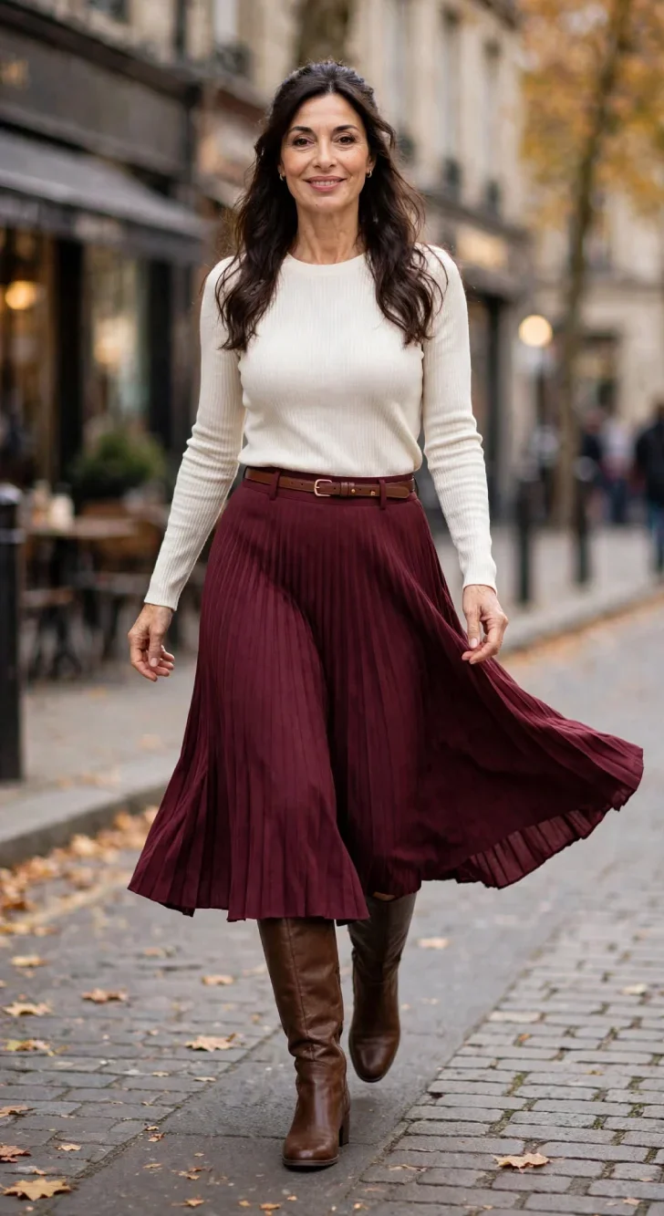 Woman over 40 walking in burgundy pleated midi skirt that swings with movement, cream fitted sweater, brown belt and knee-high low block boots on a cobblestone fall street
