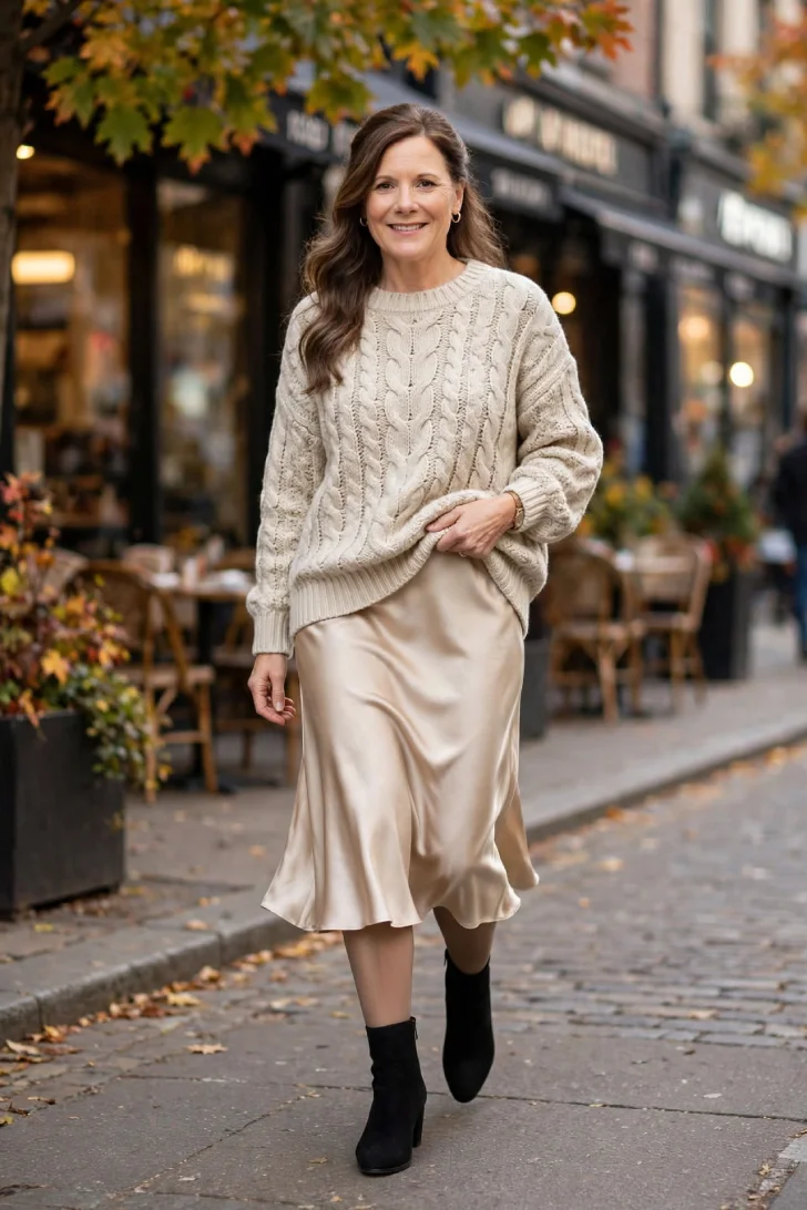  Woman with half-up wavy hair wearing oatmeal cable knit sweater, champagne satin midi skirt and black suede ankle boots walking on city street