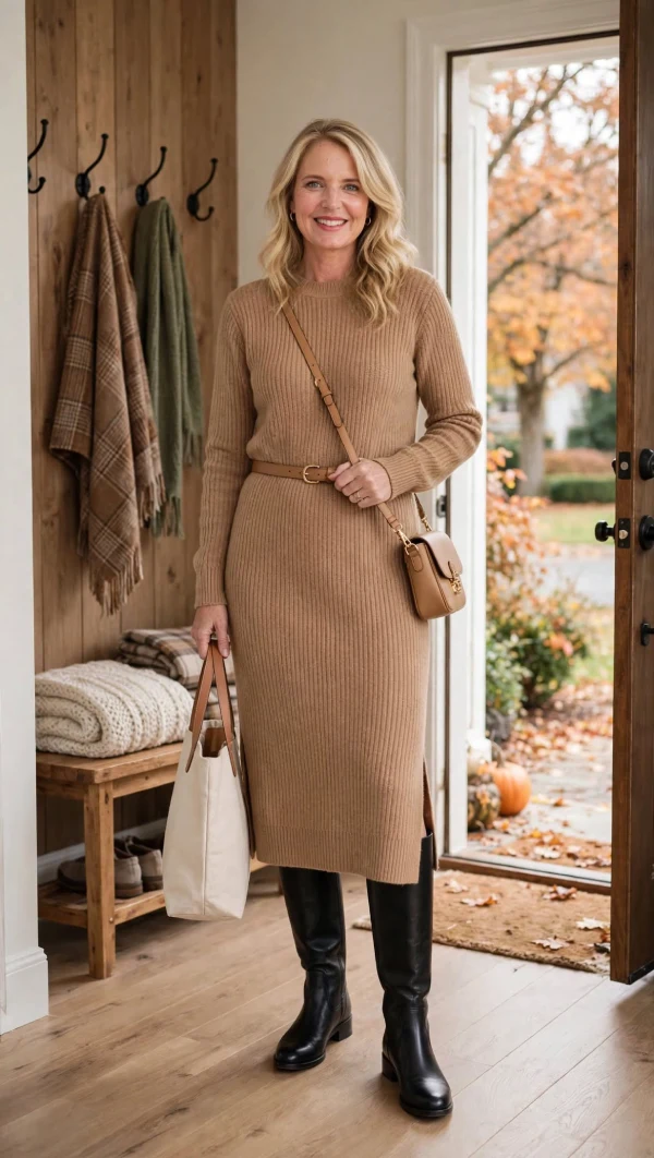  Woman over 40 in camel ribbed midi sweater dress with tan belt and black tall boots holding tote in entryway with fall leaves outside