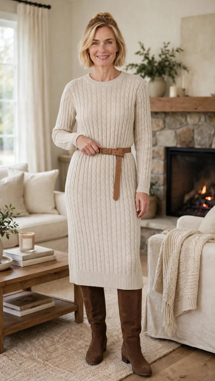Woman with short blonde bob half-up wearing oatmeal cable-knit midi sweater dress, camel leather belt worn loose, and brown tall boots in cozy living room