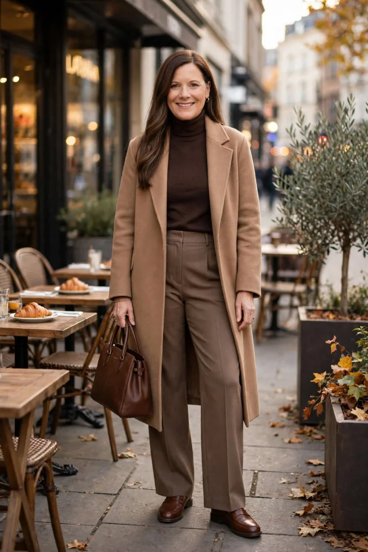  Woman with long straight brown hair wearing dark brown turtleneck, mocha wide leg trousers, camel coat, brown loafers and brown bag at outdoor cafe