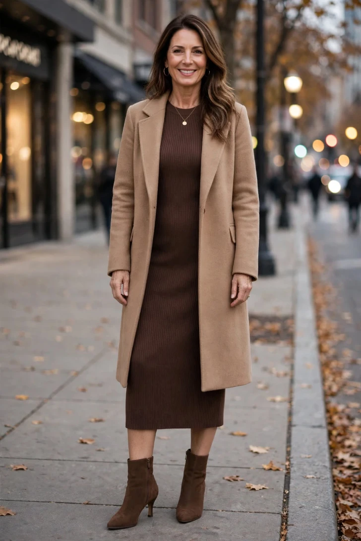 Woman over 40 wearing chocolate brown ribbed knit midi dress, camel wool coat and brown suede ankle boots on fall sidewalk