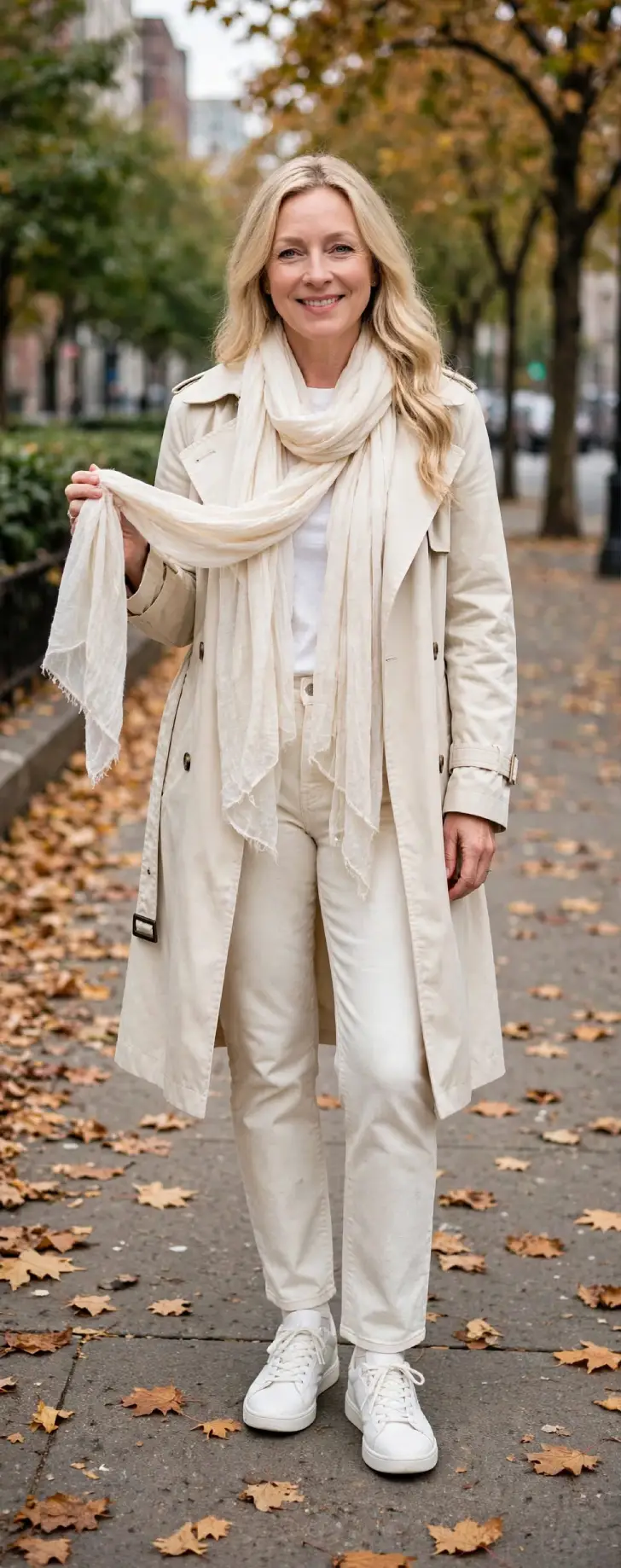 Woman in her 40s with clear skin and natural wavy blonde hair wearing cream trench coat open over white tee and cream straight jeans, layered gauzy off-white scarves loosely wrapped around neck and white clean sneakers on leafy city sidewalk with autumn leaves