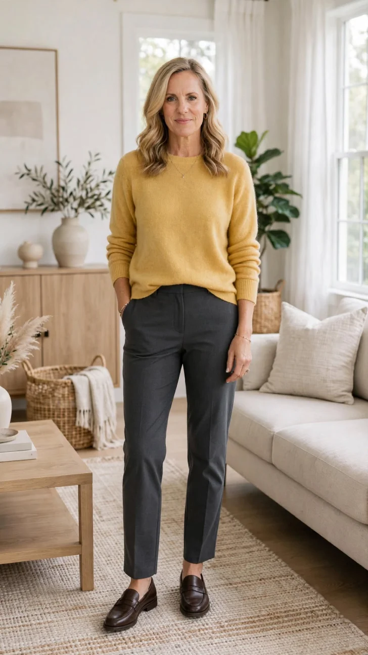 Woman over 40 with blonde wavy hair wearing mustard cashmere sweater and charcoal trousers with brown loafers in bright neutral living room.
