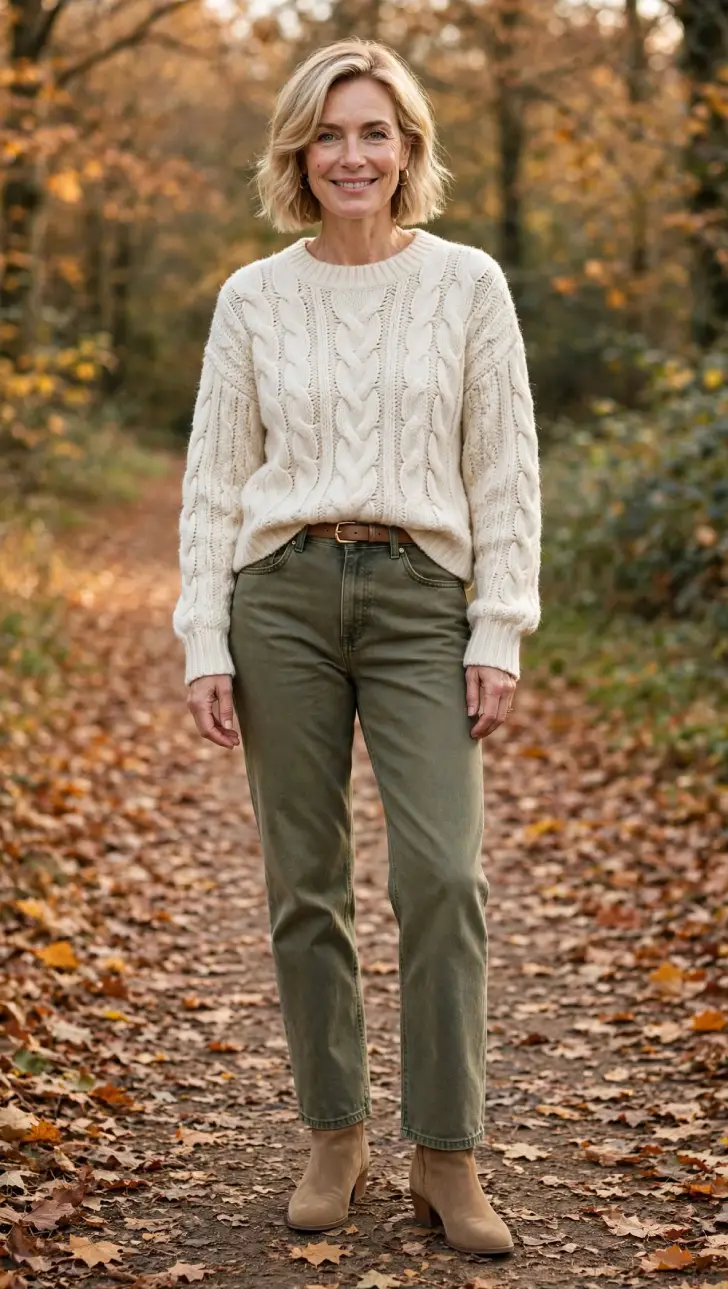 Woman with short blonde bob wearing olive straight jeans, cream cable knit sweater, brown belt and tan suede ankle boots on autumn leaf path