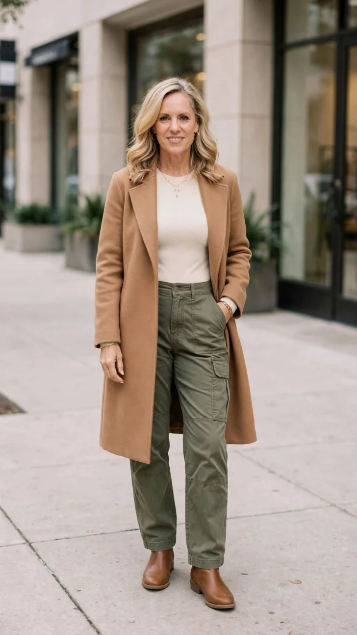 Woman over 40 with blonde wavy hair wearing olive utility pants, cream bodysuit, camel coat and brown ankle boots on sidewalk.